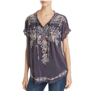 Johnny Was Embroidered Boho Blouse Floral Short Sleeve Tie Neck Size XL